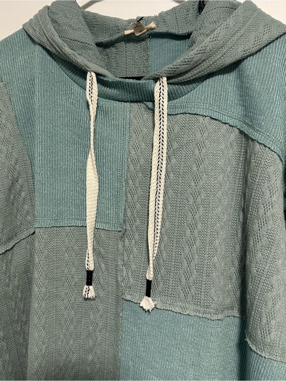 POL Patchwork Hooded Sweater Sage Teal M - Picture 4 of 7